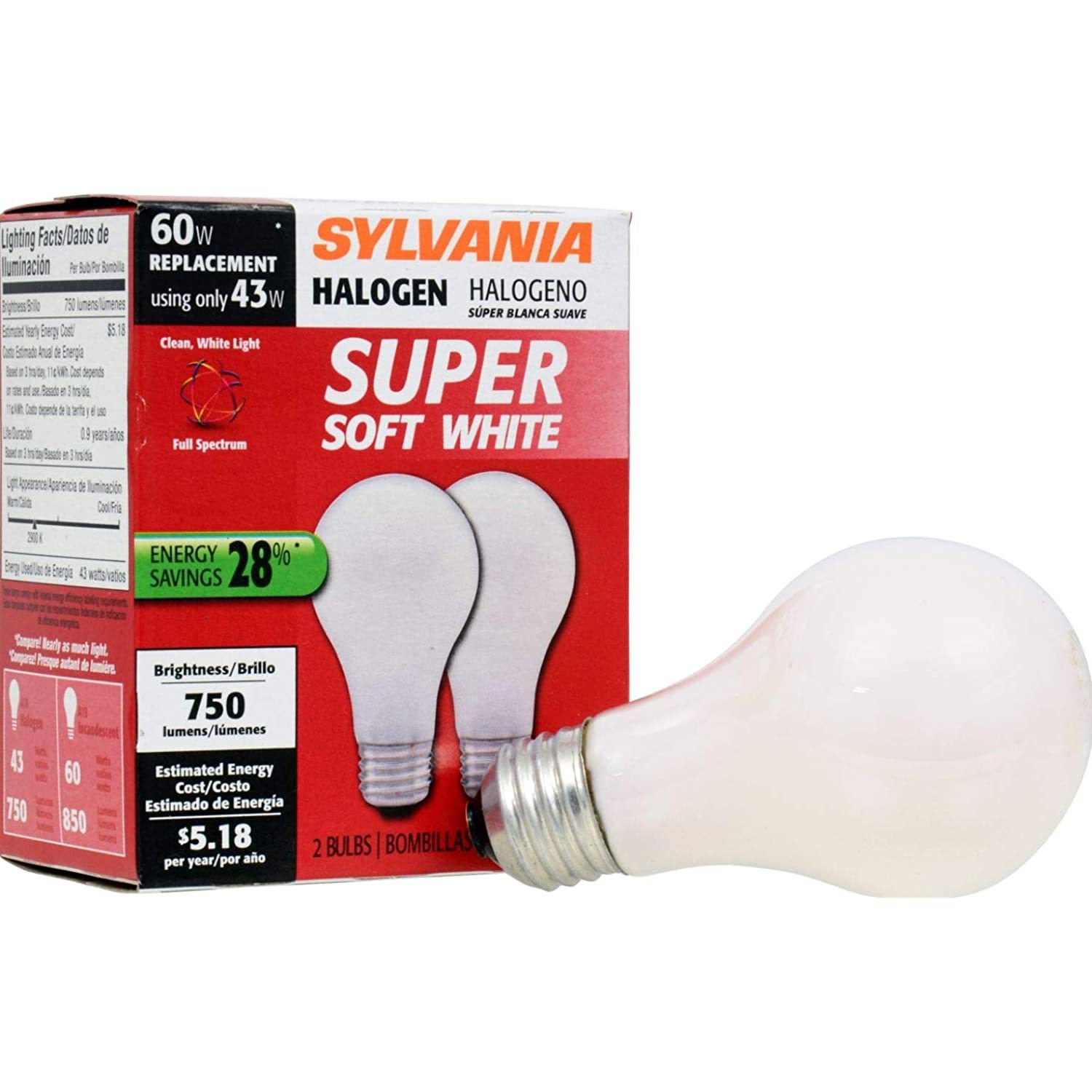 SYLVANIA Halogen Dimmable Lamp / Replacing A19 60W Halogen Bulb Super Soft White