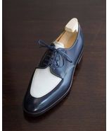 Handmade Men&#39;s Two Tone White And Blue Leather Lace Up Shoes - $149.99