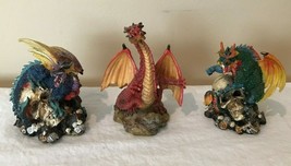 Dragon Statues Resin Figurines Skulls Blue Green Red Set Lot of 3 Collec... - $31.34