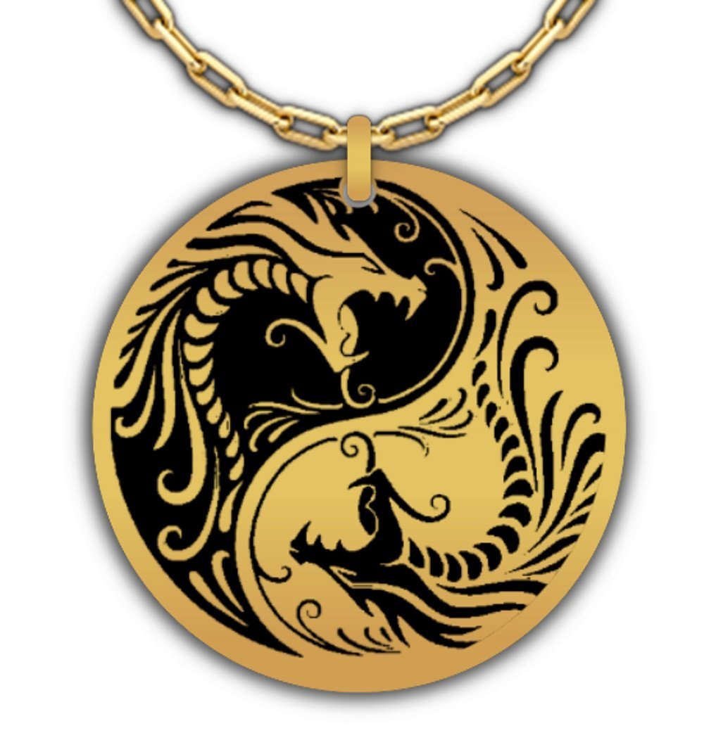 Yin And Yang Dragons Taijitu Laser Engraved Round Pendant Necklace - Stainless S