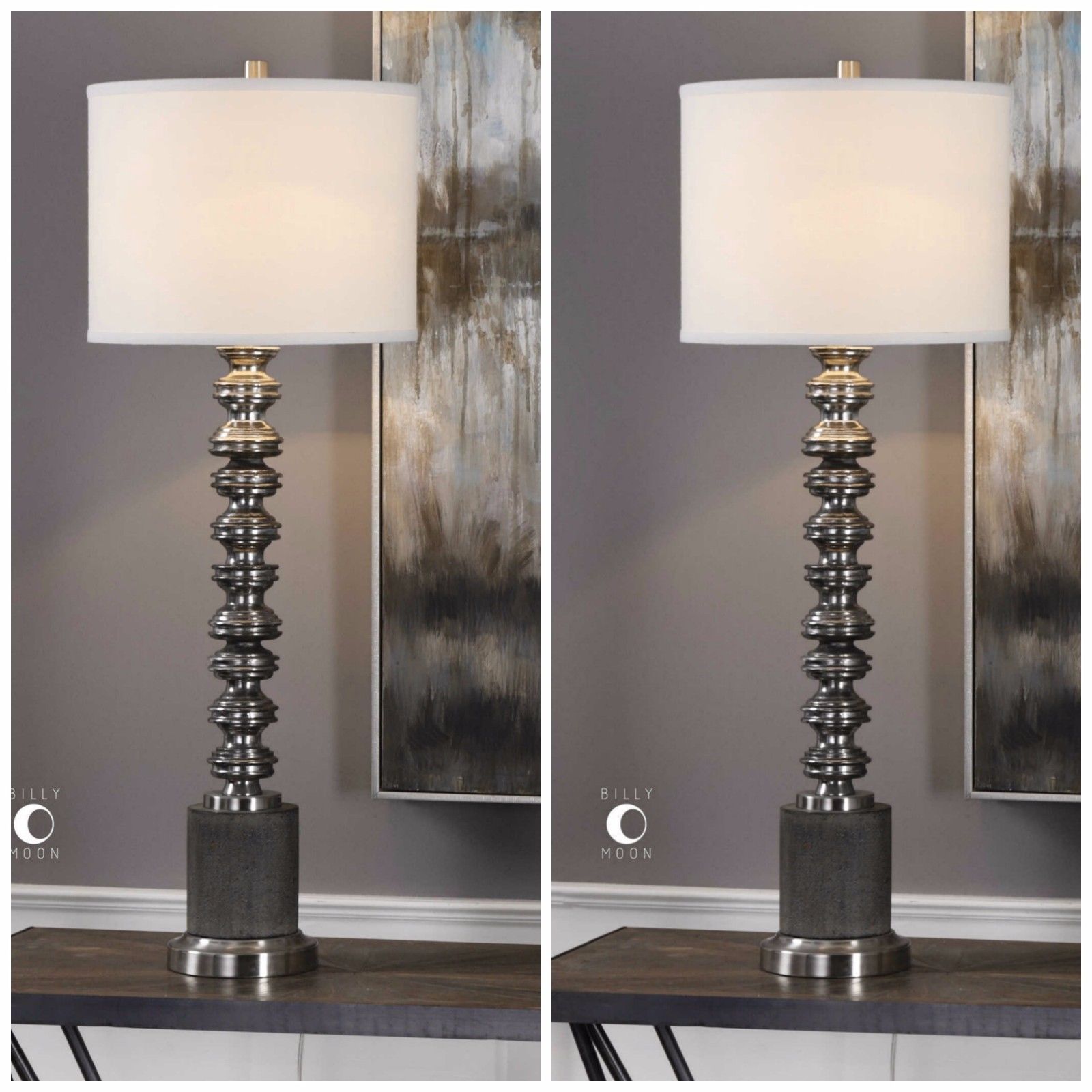 TWO 36" BRUSHED SILVER TABLE LAMP LINEN SHADE THICK CONCRETE COLUMN