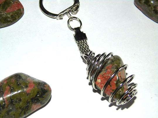 Primary image for unikite/unakite caged Crystal Keyring, key chain,silver chain unusual,rare