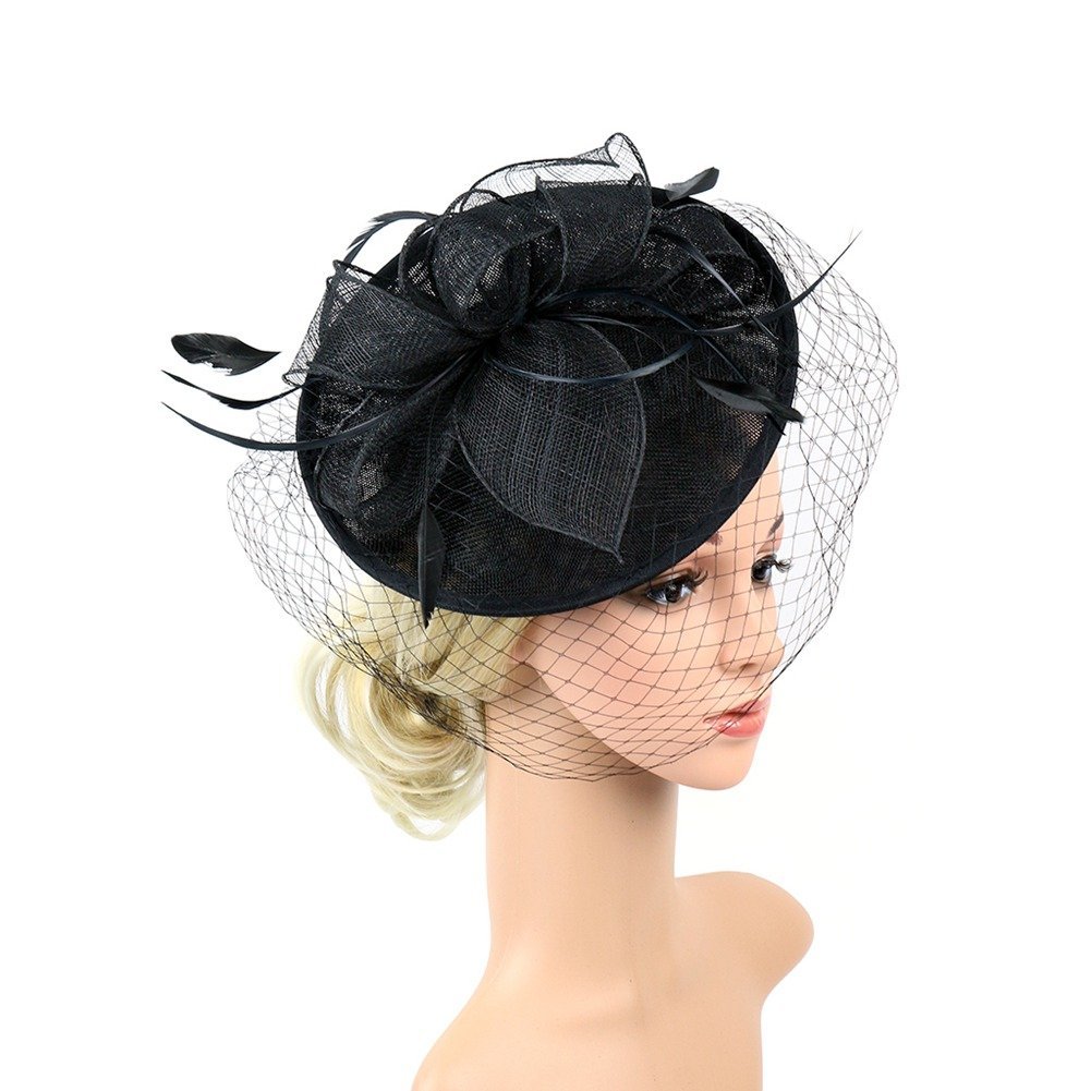 ACTLATI 1920s Fascinator Net Face Veil Feather Headband Flax Tea Party
