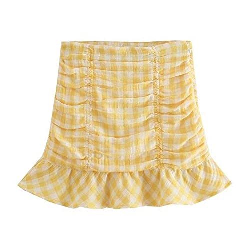 Women Yellow Plaid Print Hem Ruffles Casual Slim Pleated Skirt Side Zipper Chic
