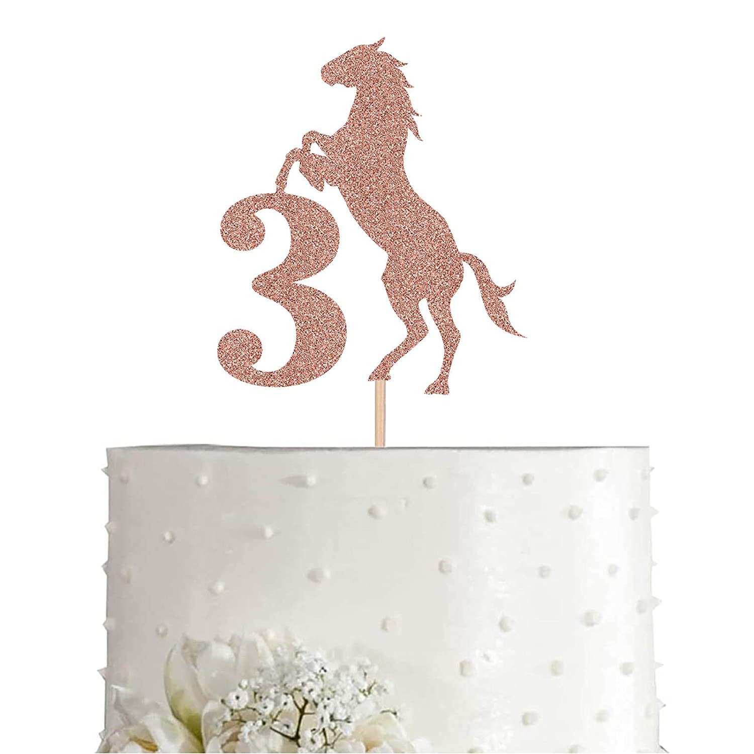 Rose Horse 3 Cake Topper, Rose Glitter Horse Happy 3Rd Birthday Decora