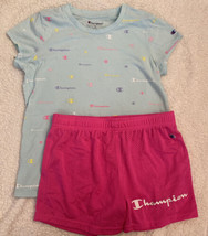Champion 2-Piece Shirt/Shorts Set Logo Aqua Hot Pink Girl's Sz XL 14-16 - $12.19