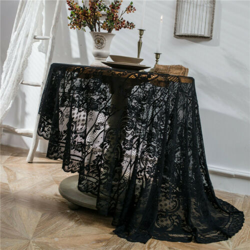 Round White Black Flower Lace Embroidery Tablecloth Halloween Party Decor Cover
