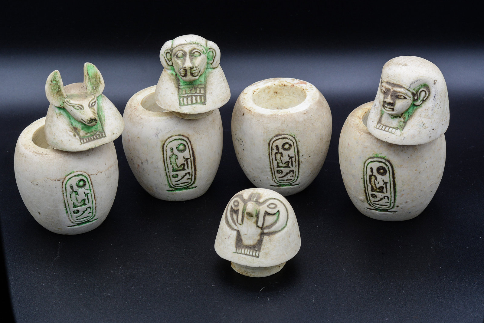 set of 4 Ancient Egyptian Canopic Jars Storage Statues CARVED STONE