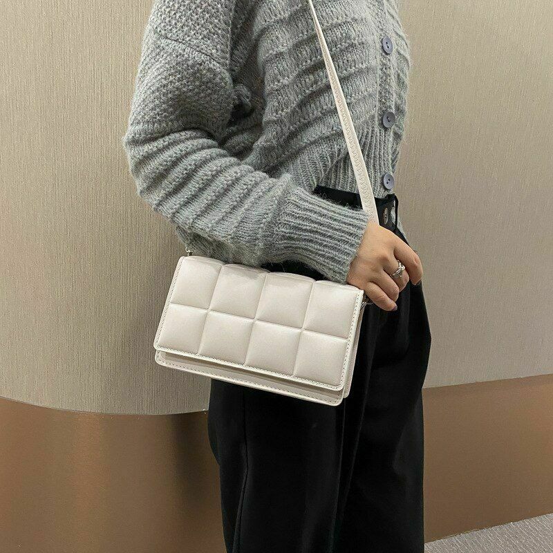 Women Single Adjustable Strap Shoulder Bag Faux Leather Hasp Close Plaid Pattern