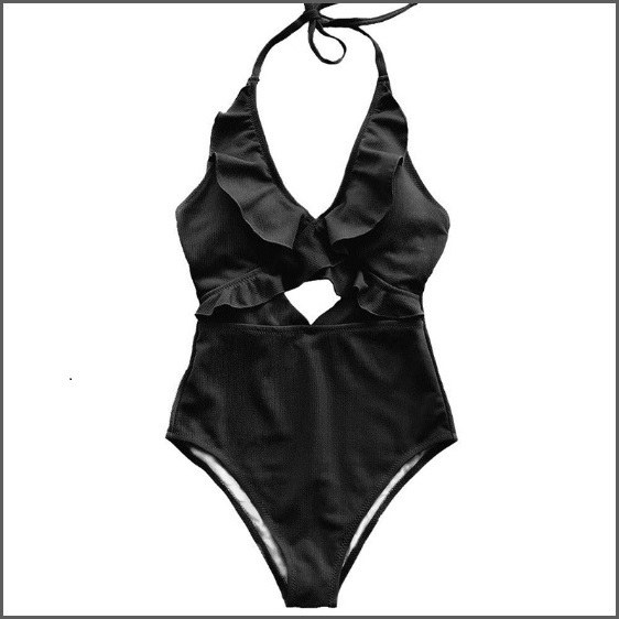 Ruffled Neck Halter Backless Padded Bra High Cut Black Color Monokini Swimsuit