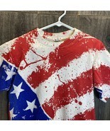 VTG 90s American Flag Graffiti Splatter All Over T Shirt Mens L White Red Blue - $29.90