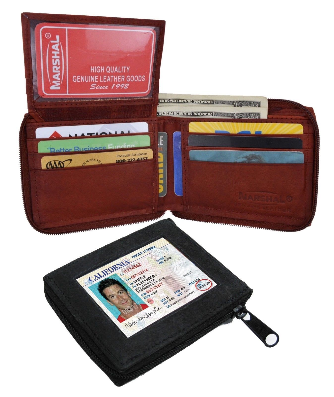 Genuine Leather Mens Bifold Wallet ID Badge Card Front Pocket Flap Up Zip Around - Wallets