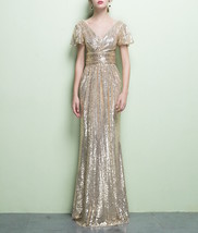 GOLD Maxi Sequin Dress Cap Sleeve High Waist Retro Style Plus Size Sequin Dress