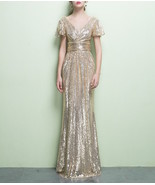 GOLD Maxi Sequin Dress Cap Sleeve High Waist Retro Style Plus Size Sequin Dress - $139.90