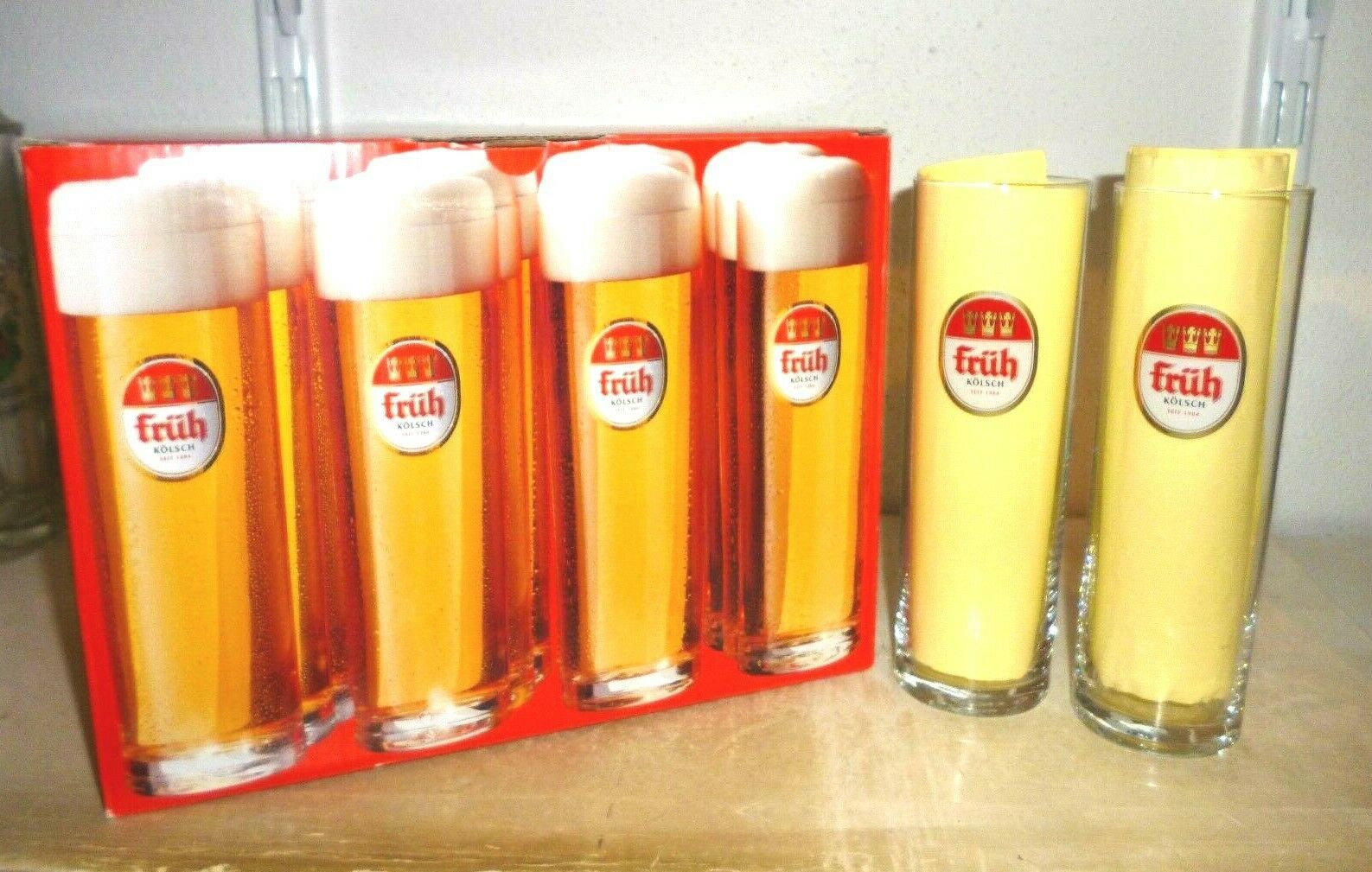 12 Fruh Kolsch Cologne German Beer Glasses And Boxed Serving Tray Kranz New Germany