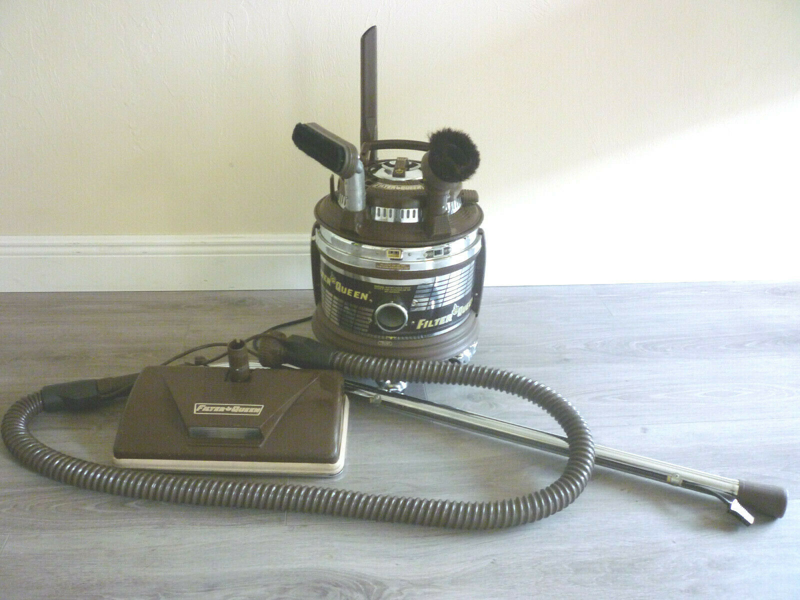 Rare Vintage Brown Filter Queen Canister Vacuum Cleaner With Hose