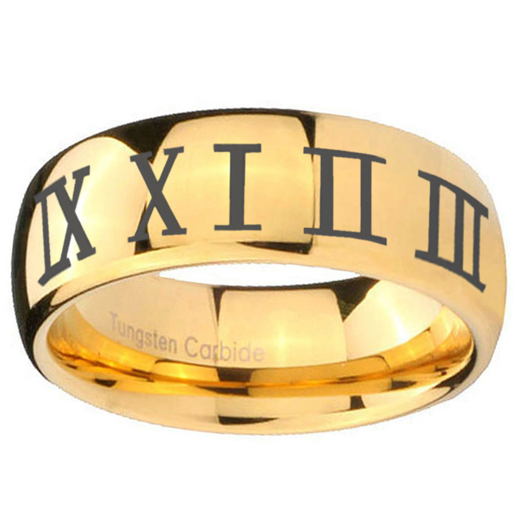 Roman Numeral Design 10mm Gold Dome Tungsten Carbide Engraved Ring
