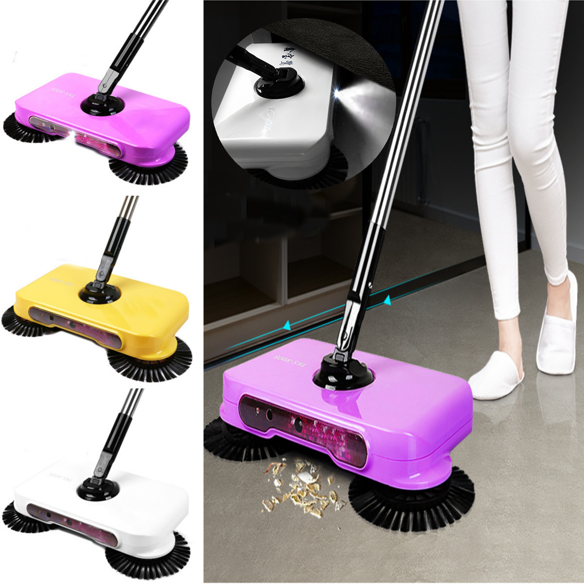 LED Light Automatic Hand Push Sweeper Spin Broom Household Floor No