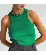 Green casual cotton ribbed sleeveless summer women crop top tank blouse - $26.00