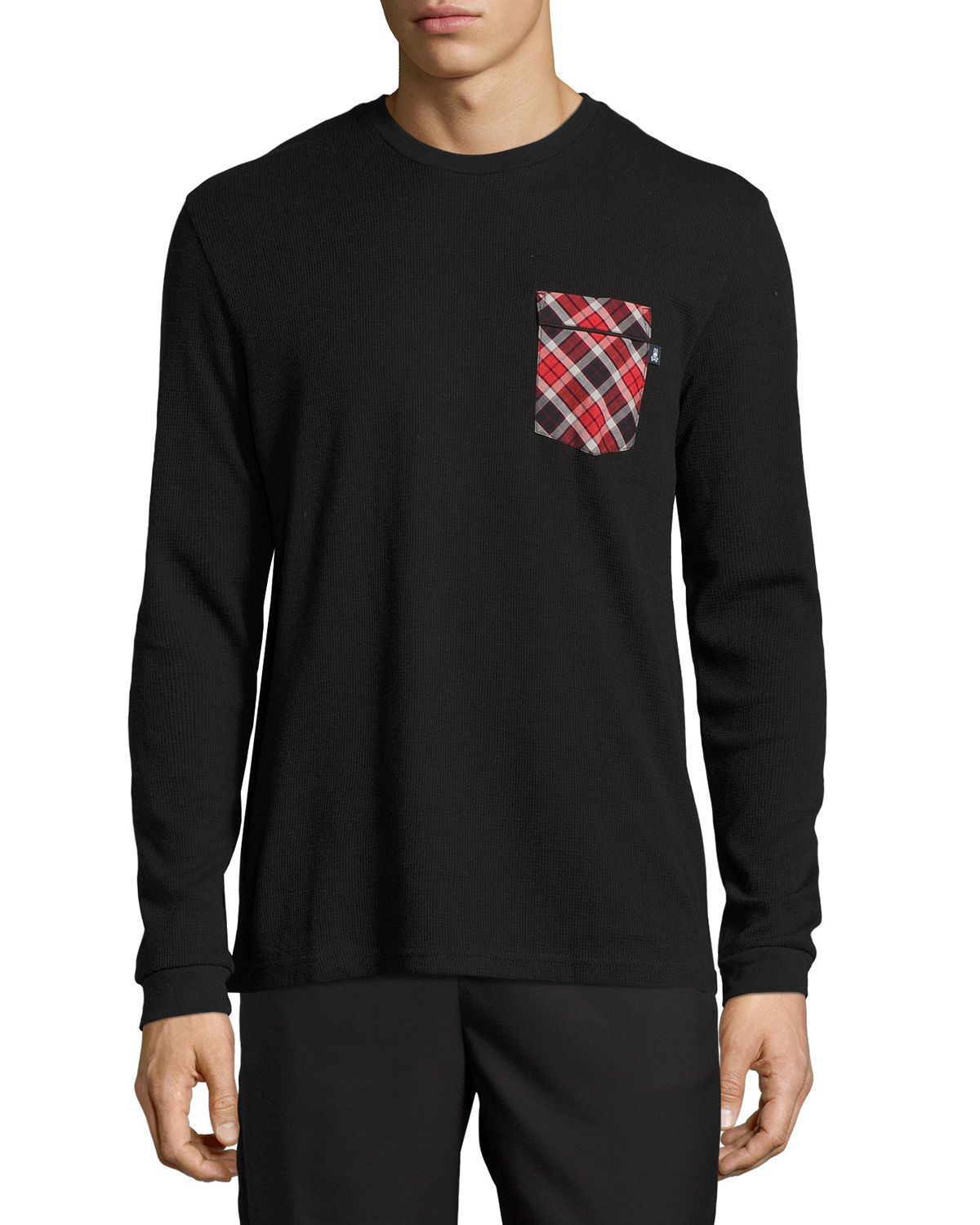 Image of Psycho Bunny Men's Long-Sleeve Black Waffle-Knit Lounge Pocket Shirt, X-Large