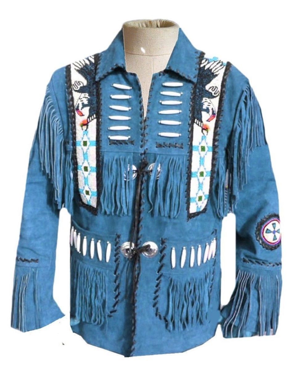Men's New Native American Blue Eagle Bead Fringe Cow Suede Leather
