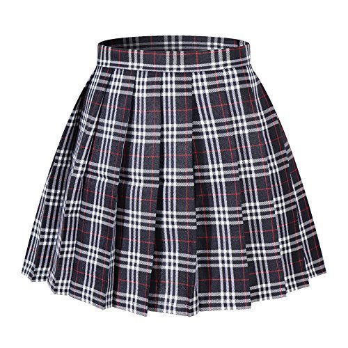 Girl's School Uniform Plaid Pleated Costumes Skirts (M, Dark Blue Mixed White)