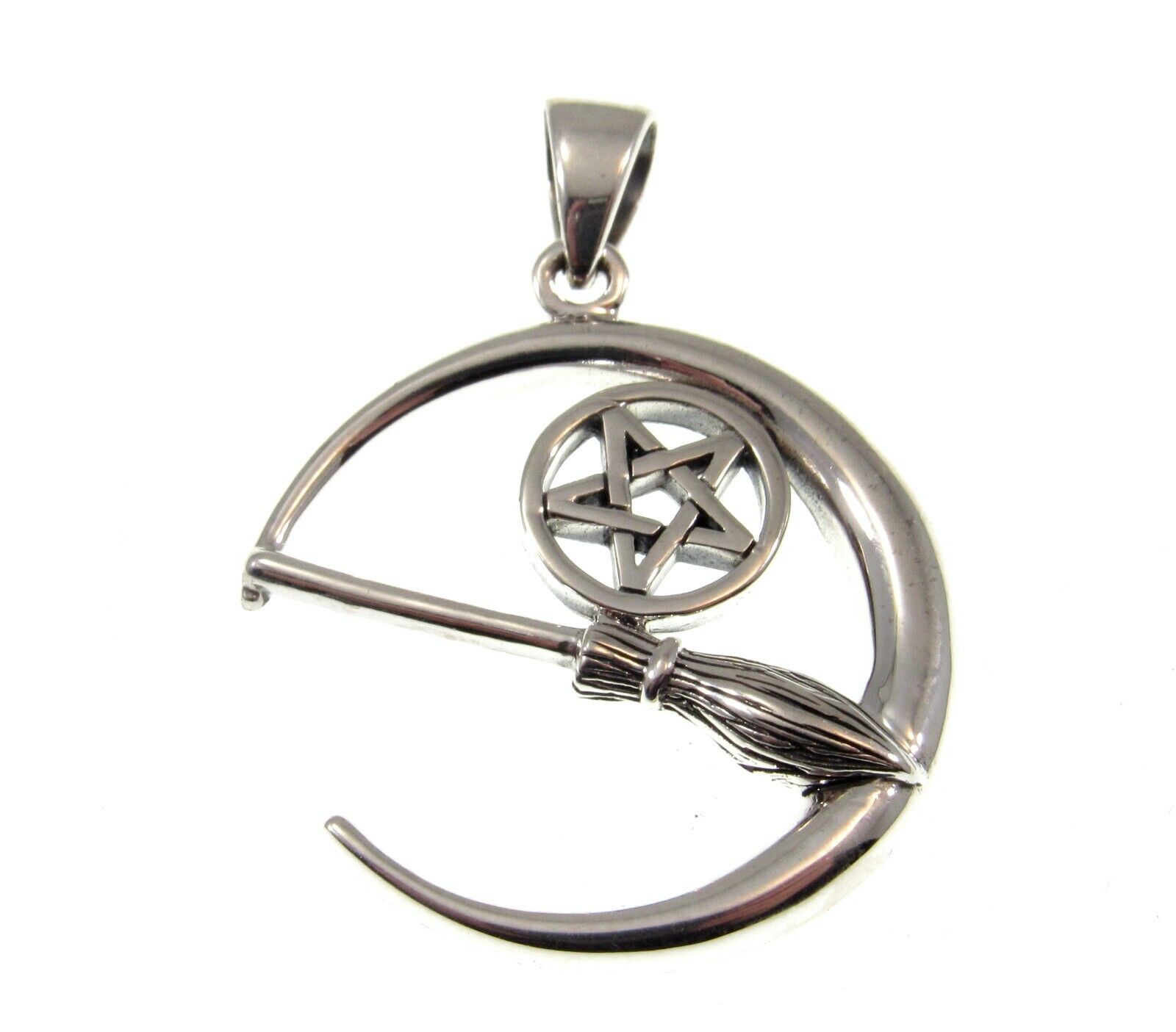 Solid 925 Sterling Silver Moon Pentacle & Witch's Broom Pendant by Peter Stone