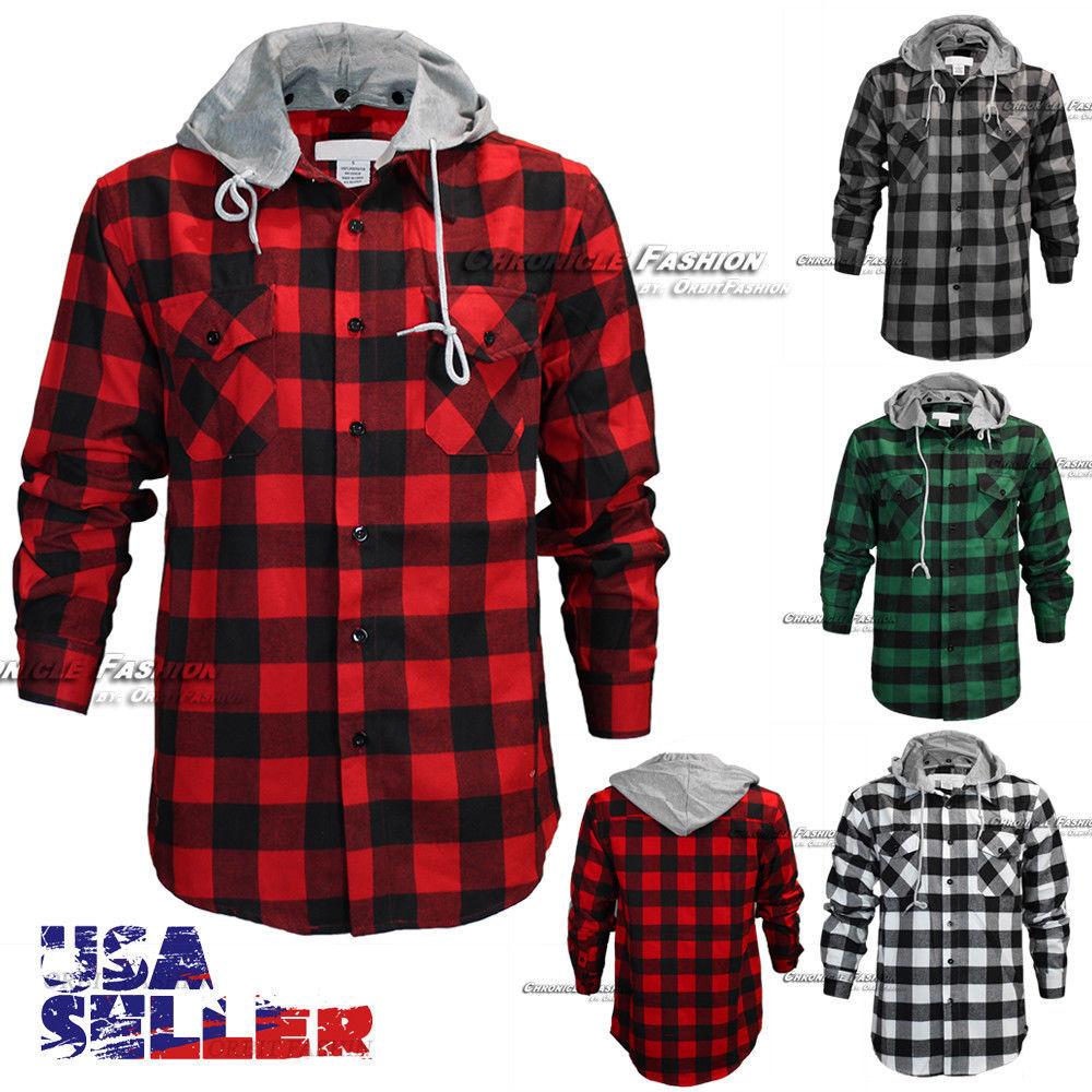 Image of Mens Brawny Buffalo Plaid Flannel Shirt Long Sleeves Button-Front Check Hoody