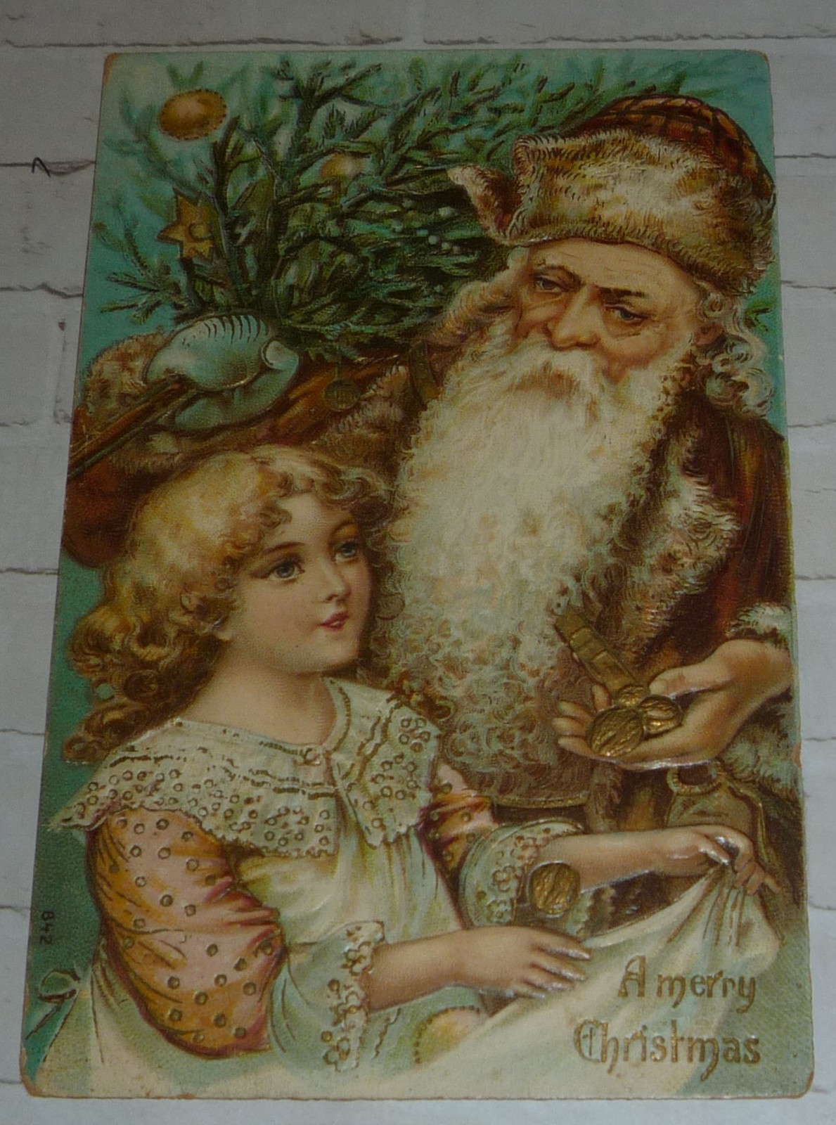 Santa Claus in Brown Coat With Tree and Little Girl Antique Christmas ...