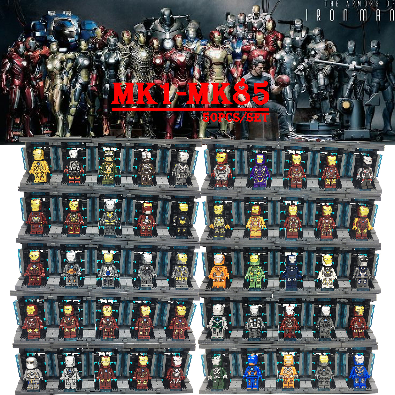 Tony Stark Superhero Ironman MK1 to MK85+Hall of Armor Minifigure Building Toys