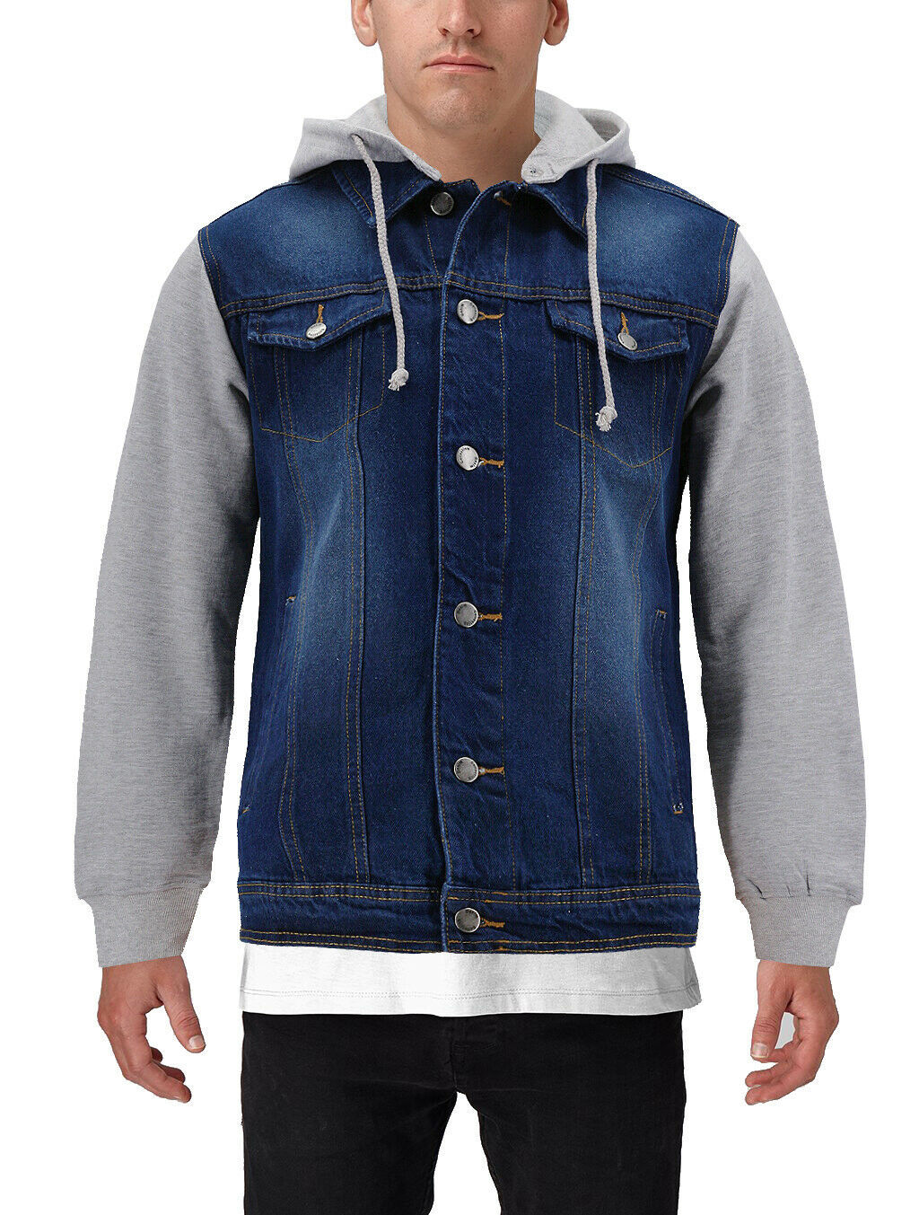 Men's Two Tone Jean And Grey Jersey with Removable Hood Denim Trucker ...