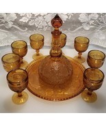 Tiara Indiana Amber Sandwich Glass Decanter and 8 Goblets Set on Platter... - $175.00