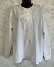 Ellen Parker Long Sleeve White Blouse Embroidered Front Yoke Size 16 Pol... - $21.66