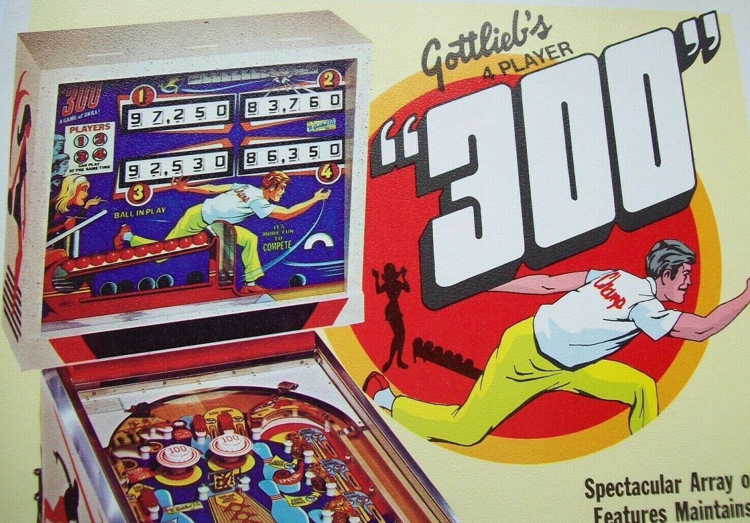 300 Pinball FLYER Original NOS Gottlieb 1975 Game Artwork Non