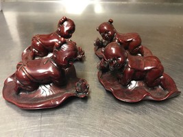 4 Hand Carved Cinnabar Babies On Lillypads Figure Figurine Japan China Z... - $54.45