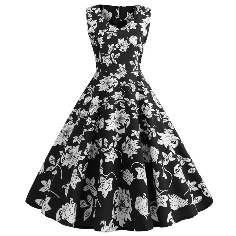 Women's v-neck sleeveless floral Printed retro A-line pendulum Dresses #JY13725