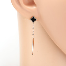 Rose Tone Drop Earrings with Jet Black Faux Onyx Clover and Tassel - $24.99