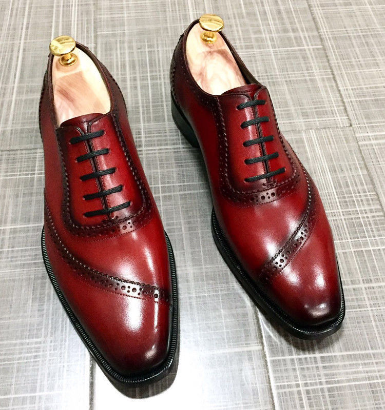 New Luxury Men's Fashion Shoes Handmade Genuine Burgundy Leather Formal Dress S