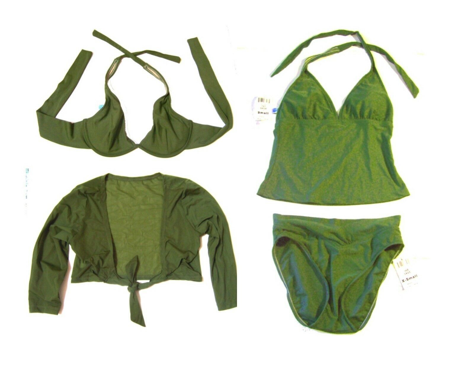 Sunsets Sage Green Halter Bikini Tankini 4pc Set 3 Tops 1 Bot NWT194
