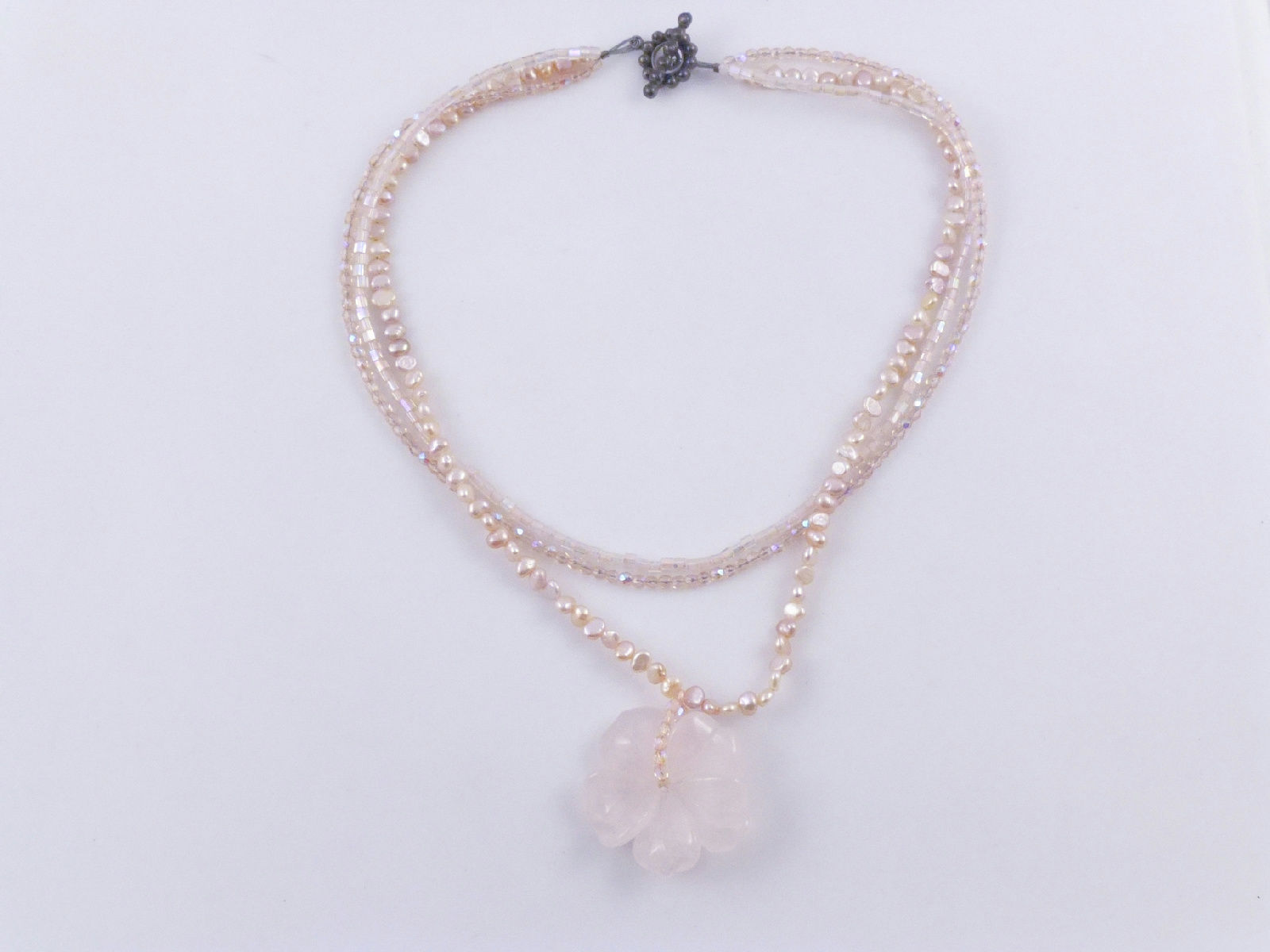 ROSE QUARTZ Flower Pendant on Pearl and Glass Beaded Necklace - Sterling Silver - $55.00