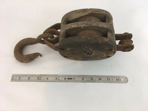 Details about   Vintage Wooden Barn Pulley Double Wheels Iron Hook Decor Farm Tools 