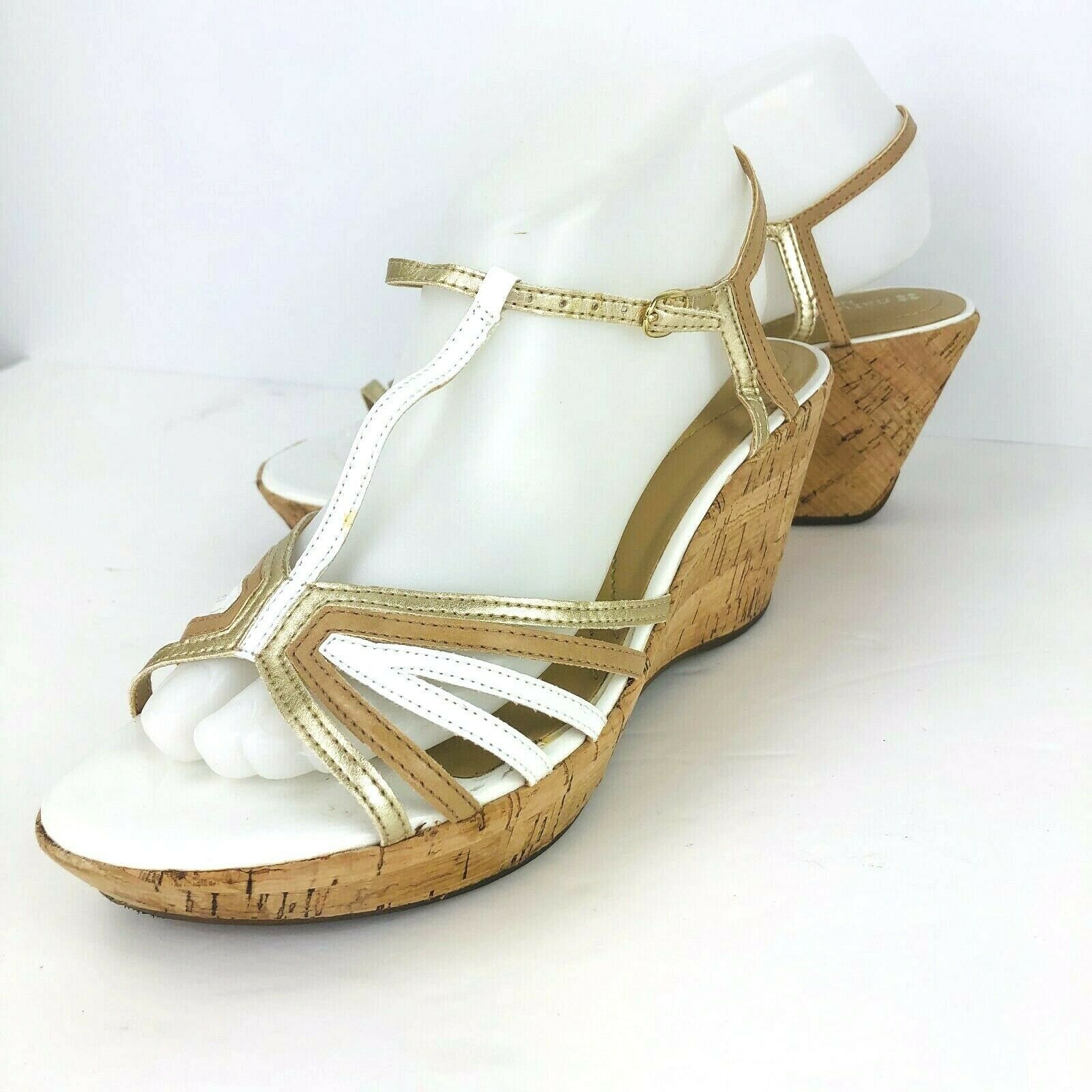 Naturalizer N5 Comfort Newly 8 Gold White Tan Strappy Cork Wedge Sandals - $27.71