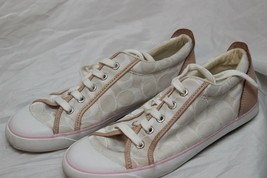 Womens Size 8.5 Coach M Flats Canvas Athletic Lace up Tan/White Fast Ship - $22.87