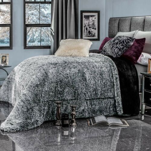 GRAY PLATINUM SOFT FLANNEL BLANKET WITH FAUX FUR THICK WEDDING WARM KING JUMBO
