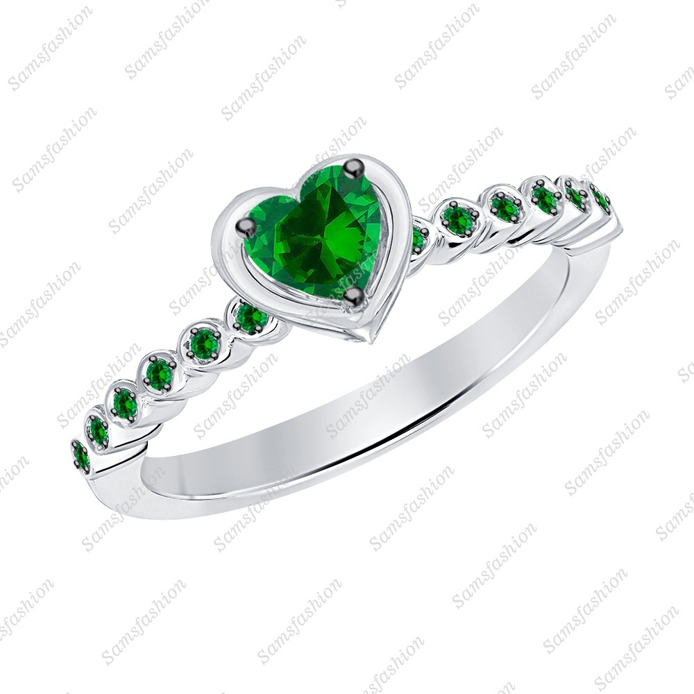 Women's Heart Shaped Green Emerald 14k White Gold Over 925 Anniversary Band Ring