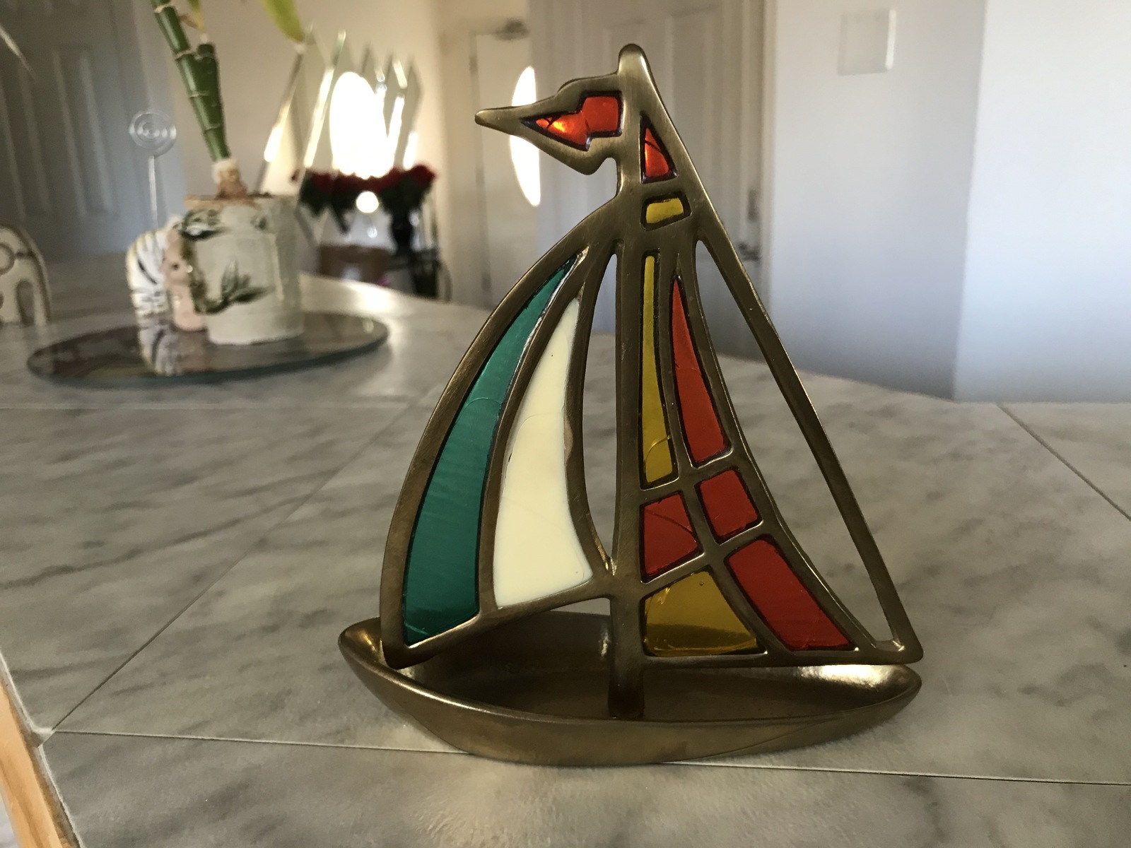 Vintage PENCO Stained Glass Brass Sailing Boat Nautical Paperweight 6 H