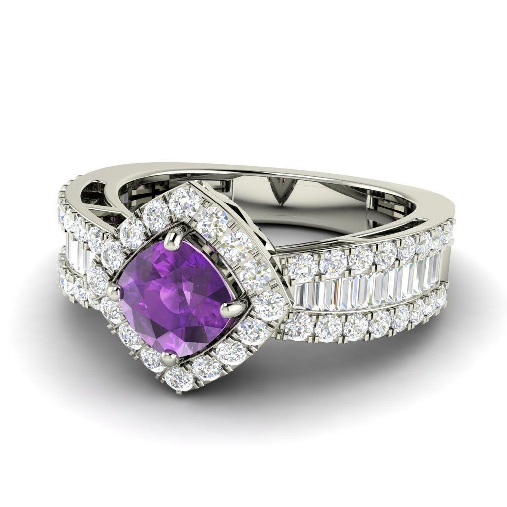 1.62 Ct Cushion Cut Amethyst & Sim.Diamond Engagement Ring In
