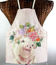 Pig with Flowers Apron Linen Cotton Child Small Size Home Kitchen Help U... - $22.76