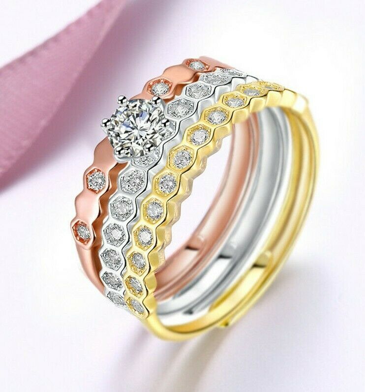 .925 Sterling Silver Tri Color Rose Gold Wave Band Ring Set Size 4-10 NEW