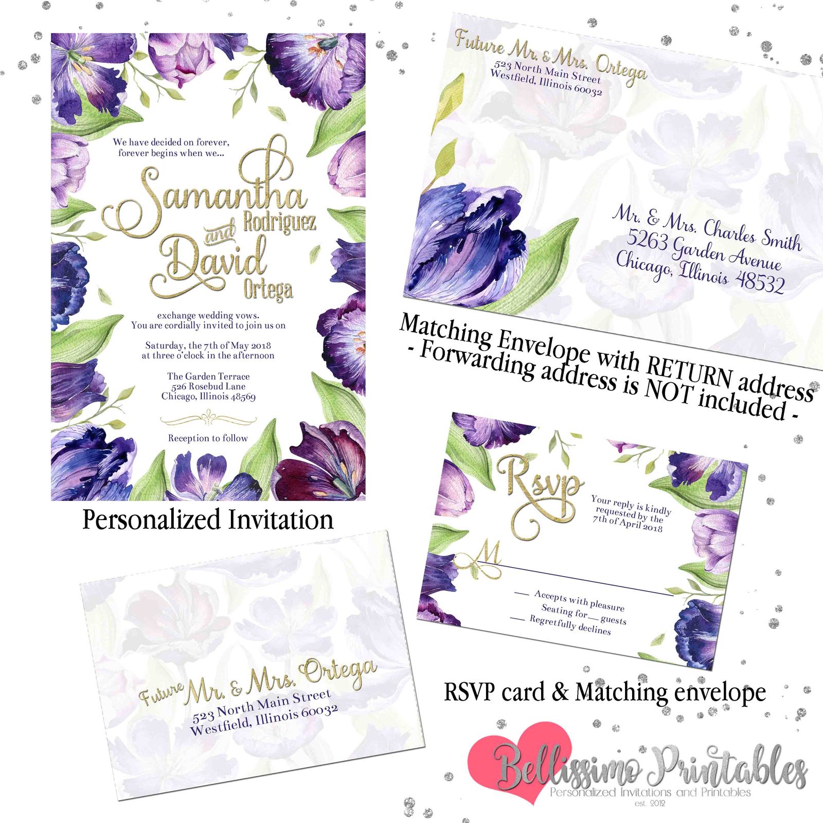 THANK YOU CARDS purple roses Personalised A6 envelope wedding invitations